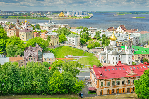Downtown Nizhny Novgorod, Russia and the confluence of the Volga and Oka rivers on a sunny day.