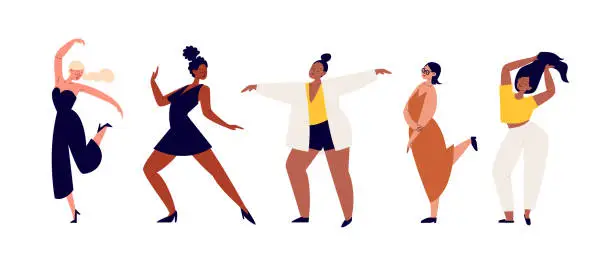 Vector illustration of Dancing women. A set of cartoon female characters with different shapes and different skin colors in casual clothes are moving in a dance. Vector stock illustration of diverse women on white back.
