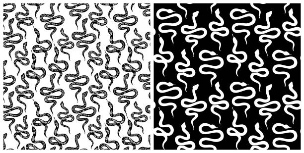 Snake seamless pattern. Vector serpent background silhouettes. Black and white wild animal print. Isolated hand drawn snakes repeat pattern. Snake seamless pattern. Vector serpent background silhouettes. Black and white wild animal print. Isolated hand drawn snakes repeat pattern. Serpent silhouettes in boho, mystical graphic style. simple snake tattoo drawings stock illustrations