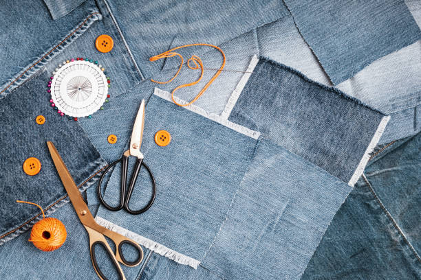 istock Old jeans upcycling idea. Crafting with denim, recycling old clothers, hobby, diy activity 1316370141