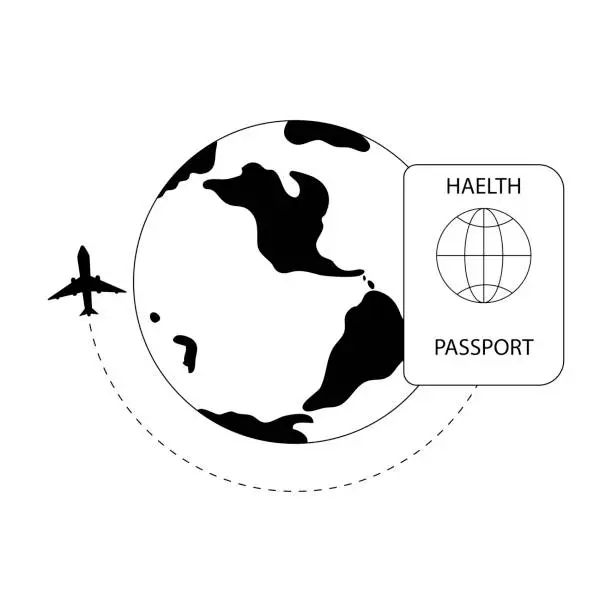 Vector illustration of Health passport or immunity passport for safe travel. Plane is flying around the Earth. Vaccination passport.