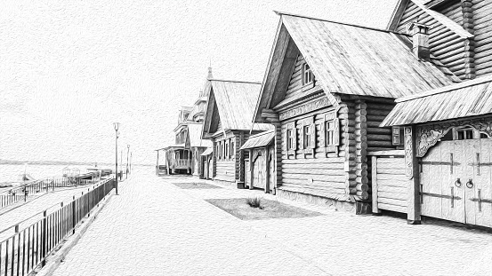 Wooden houses. Street with houses, sky. Architecture. Drawing in gray tones.