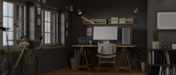 istock 3D rendering, trendy home office room with computer desk, supplies, shelf, bicycle and decorations in the room 1316373951