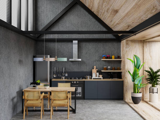 istock Interior of spacious kitchen with concrete wall. 1316375602