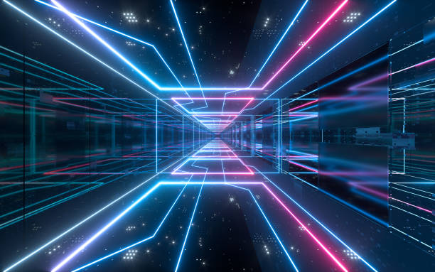 istock Dark tunnel with glowing neon lines, 3d rendering. 1316377578