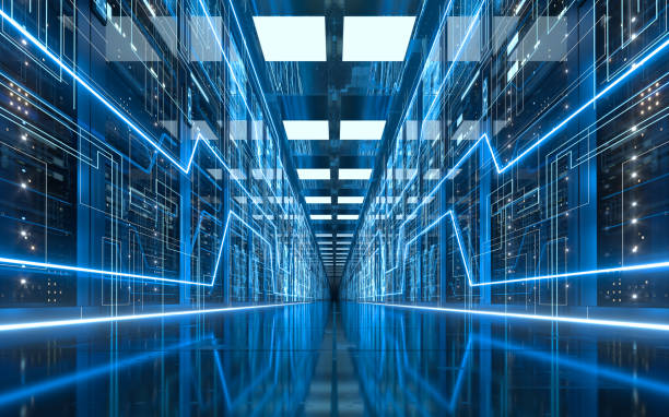 Server racks in computer network security server room data center, 3d rendering. Server racks in computer network security server room data center, 3d rendering. Computer digital drawing. supercomputer stock pictures, royalty-free photos & images