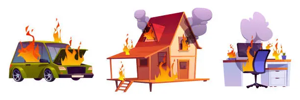Vector illustration of House on fire, burning car and computer on table