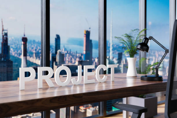 istock project; office chair in front of modern workspace and panoramic skyline view; corporate concept; 3D Illustration 1316381065