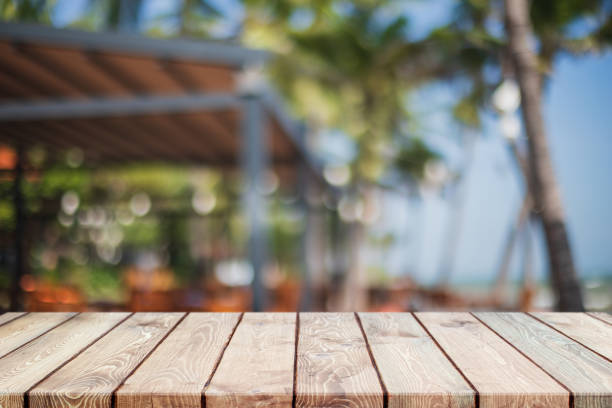 istock Empty wood table top and blurred summer beach in tropical resort banner background - can used for display or montage your products. 1316381946