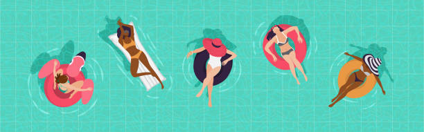 Girls in the pool top view. Vector illustration, banner. Young girls floating on inflatable rings and air mattresses in blue pool water. Top aerial view. Vector banner, poster illustration design. pool raft stock illustrations