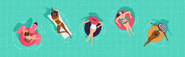 Vector illustration of Girls in the pool top view. Vector illustration, banner.