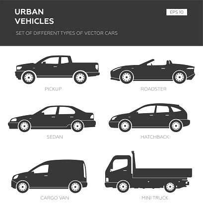 Set of different types of vector cars: sedan, hatchback, minivan, pickup, mini truck, roadster. Cartoon flat illustration, auto for graphic and web design.