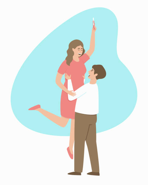 Happy couple rejoice at positive pregnancy test Happy couple rejoice at positive pregnancy test. The man with joy lifted the woman in his arms. Happy couple expecting a baby. Flat vector illustration. family planning together stock illustrations