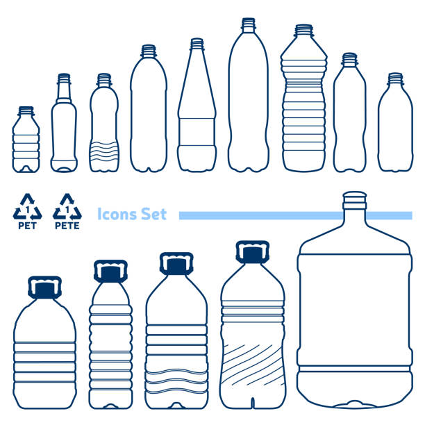 Plastic Bottles Set Recycling code 1 (PET - Polyethylene terephthalate) outline icons set. Empty clear plastic bottles on white background. soda bottle stock illustrations