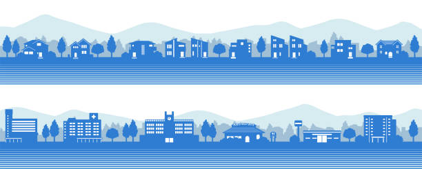 언덕의 전경을 조망할 수 있는 마을 풍경의 실루엣(파란색) - skyline silhouette cityscape residential district stock illustrations