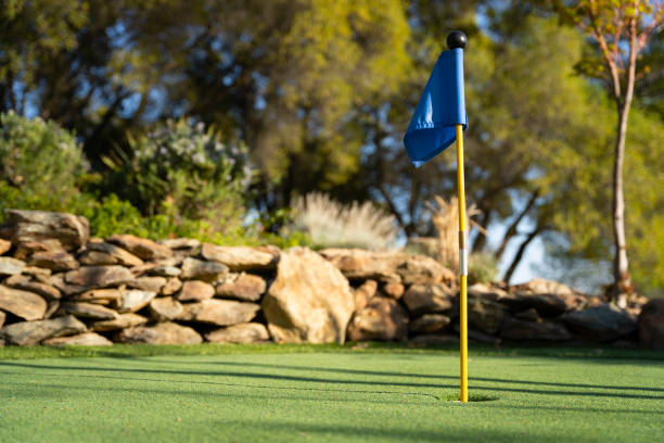 bandera de golf azul en el agujero en un minigolf putting green. - putting green fotografías e imágenes de stock