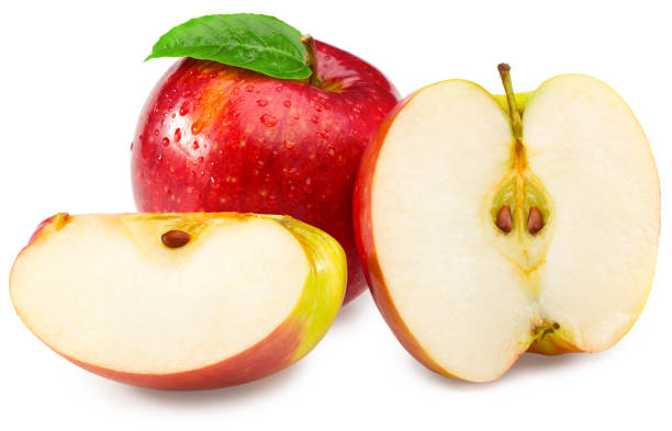istock red apples with green leaf and half isolated on white background. clipping path 1316397437