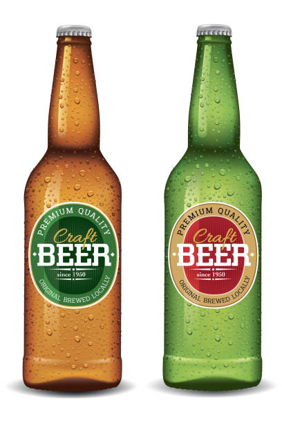 bierflaschen-design-vorlage mit vielen frischen tropfen auf der oberfläche - bierflasche stock-grafiken, -clipart, -cartoons und -symbole