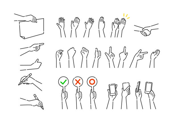 ilustrações de stock, clip art, desenhos animados e ícones de hand gestures icons set. vector flat style set of various hands gestures. - sketching drawing human hand horizontal