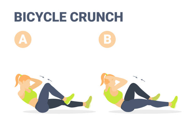 Girl Doing Bicycle Criss Cross Crunch Abs Exercise Colorful Concept Illustration Stock Illustration - Download Image Now - iStock