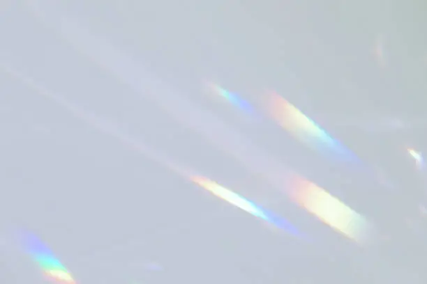 Photo of Blurred rainbow light refraction texture on white wall