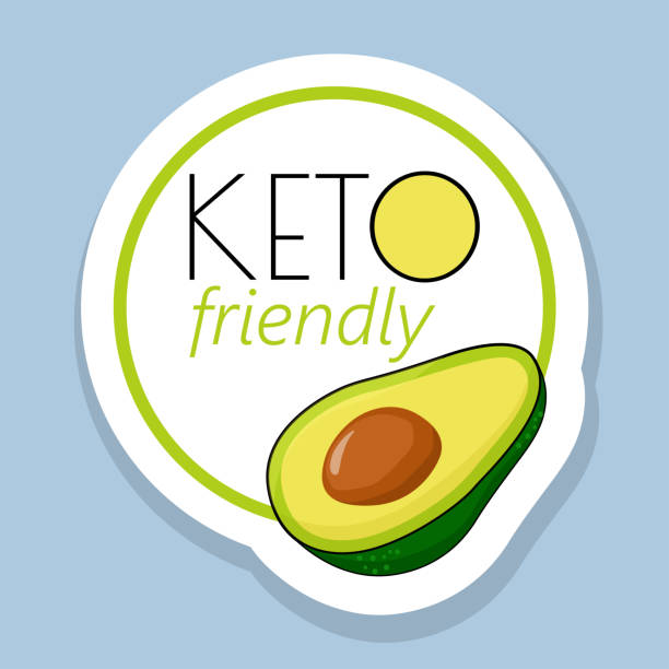 Sticker Keto friendly logo. Vector cartoon illustration with words and a half of avocado. Template for sticker, label, banner, card, poster design on Ketogenic product and healthy eating. Flat vector Sticker Keto friendly logo. Vector cartoon illustration with words and a half of avocado. Template for sticker, label, banner, card, poster design on Ketogenic product and healthy eating. Flat vector paleo stock illustrations