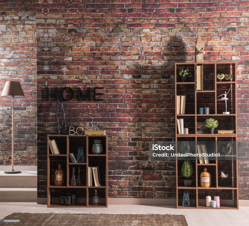 Reading room bookshelf old brick wall cozy interior decoration Brick Stock Photo