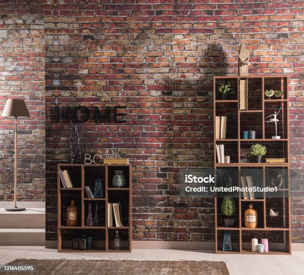 Reading Room Bookshelf Old Brick Wall Cozy Interior Decoration Stock Photo - Download Image Now