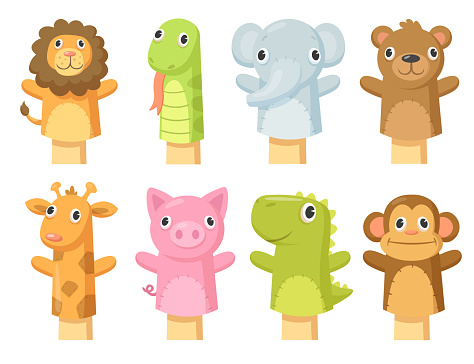 Set of cute hand sock puppets. Cartoon vector illustration. Hand sock toys in form of giraffe, lion, elephant, bear, snake, pig, crocodile, monkey. Puppet show, toy theater concept for banner design
