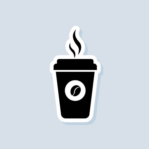 ilustraciones, imágenes clip art, dibujos animados e iconos de stock de pegatina de taza de café caliente, logotipo, icono. vector. taza de papel. icono de taza de café desechable con logotipo de frijoles. logotipo de cafetería. vector sobre fondo aislado. eps 10 - coffee to go