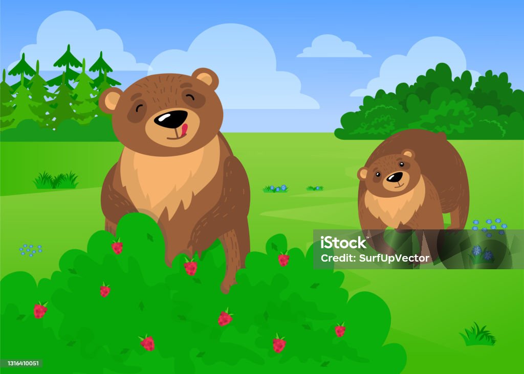 Two Cute Brown Bears Eating Forest Raspberries Stock Illustration -  Download Image Now - Bear, Eating, Raspberry - iStock