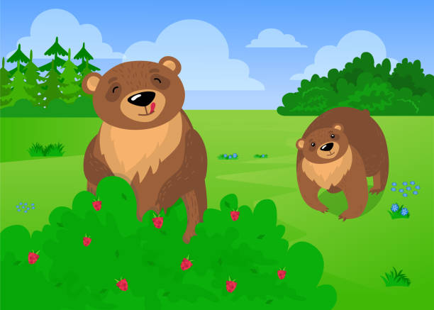 Two Cute Brown Bears Eating Forest Raspberries Stock Illustration -  Download Image Now - Bear, Eating, Raspberry - iStock