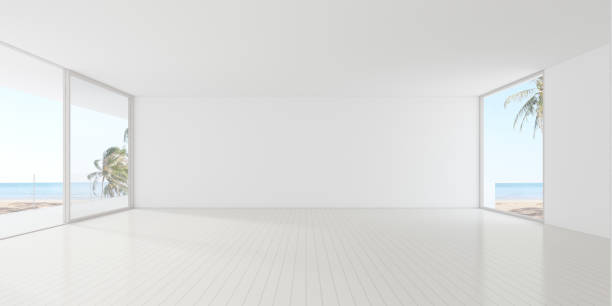 istock 3d render of empty room with wooden floor and large plain wall on sea background. 1316410083