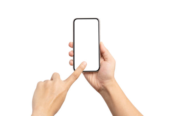istock Isolated of Hand holding smartphone with blank screen frame on white background for mockup template. Mobile phone device concept. 1316410159