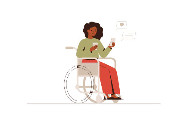 Black girl in a wheelchair sends messages via smartphone. Young happy African American woman uses a mobile phone for texting with friends. Social media chatting, instant messaging. Black girl in a wheelchair sends messages via smartphone. Young happy African American woman uses a mobile phone for texting with friends. Social media chatting, instant messaging. Vector illustration girl texting on phone stock illustrations