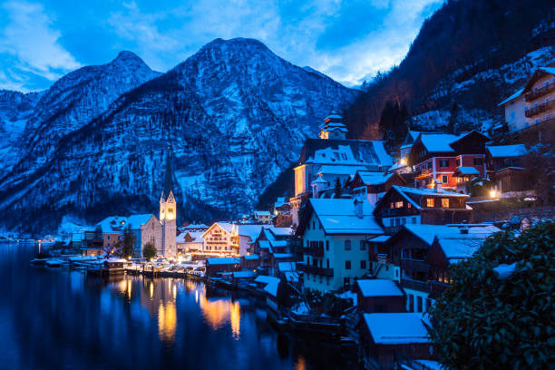 istock Hallstatt Cityscape on a Winter Evening Covered with Snow 1316412978