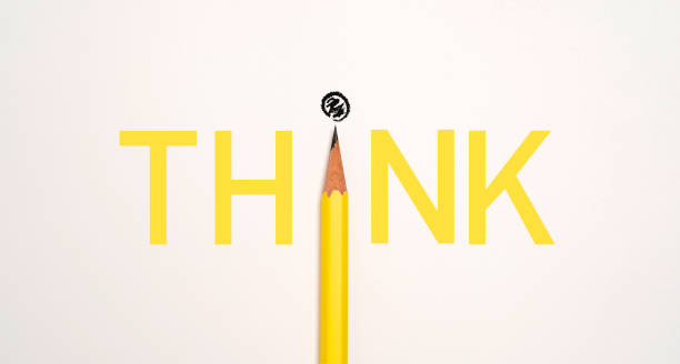 Yellow pencil arrange on centre of think wording design on white background , Creative thinking idea and innovation concept.