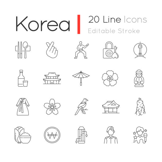 Korea linear icons set Korea linear icons set. N Seoul tower. Gayageum instrument, Gyeongbok palace. Asian culture. Customizable thin line contour symbols. Isolated vector outline illustrations. Editable stroke korean food stock illustrations