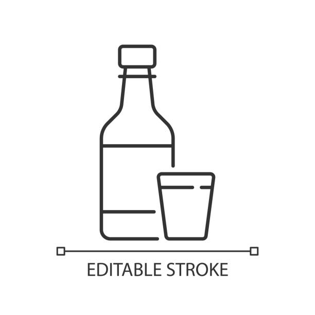 Soju linear icon Soju linear icon. Asian alcoholic drink. Alcohol in bottle. Japanese sake. Korean culture. Thin line customizable illustration. Contour symbol. Vector isolated outline drawing. Editable stroke drawing of the sake stock illustrations