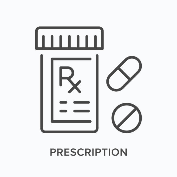 ilustraciones, imágenes clip art, dibujos animados e iconos de stock de icono de línea plana de prescripción. ilustración de contorno vectorial de la botella de drogas. pictograma lineal delgado negro para farmacia rx jar - pills