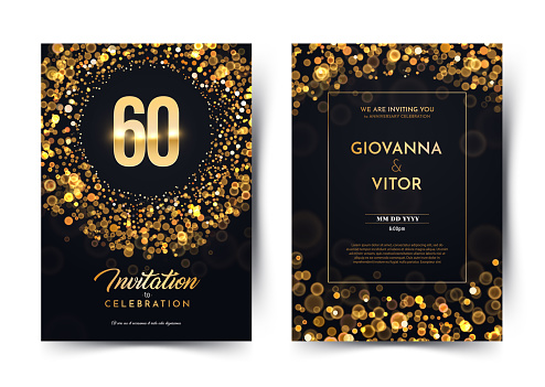 60th years birthday vector black paper luxury invitation double card. Sixty years wedding anniversary celebration brochure. Template of invitational for print dark background with bokeh lights.