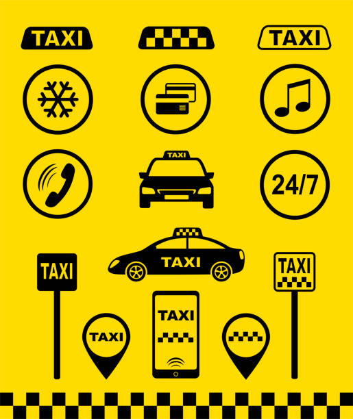 set of taxi icons on yellow background set of taxi icons with car, passenger, sign of taxi stop, smartphone with application on yellow checkered background taxi logo background stock illustrations