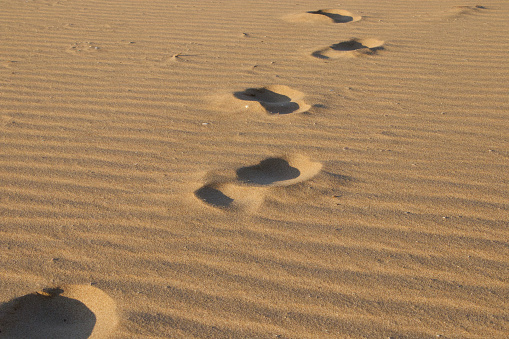 Human's footprints on the wavy sand in desert at daytime. Nobody. Nature landscape. Horizontal composition.