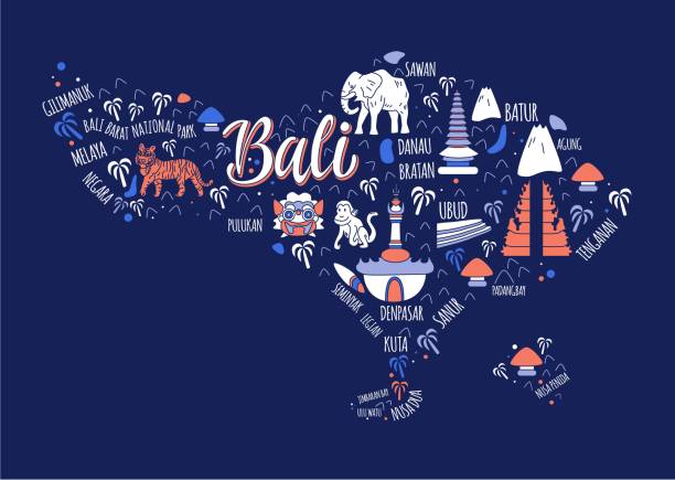 bali wektorowa mapa w stylu doodle - bali cartography map island stock illustrations