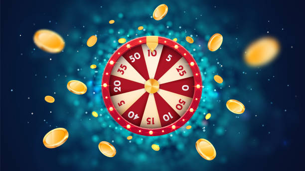 vector 3d glücksrad mit goldenen fliegenden münzen auf blauem abstraktem hintergrund. spin casino roulette und gewinnen sie preise - roulette wheel stock-grafiken, -clipart, -cartoons und -symbole