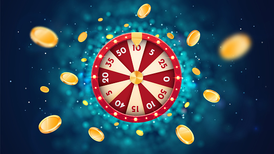 Vector 3d fortune wheel with golden flying coins on blue abstract background. Spin casino roulette and win prizes.
