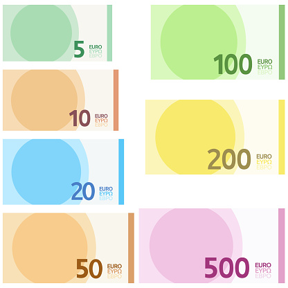 Collection of 7 banknotes from 5 to 500 euros simplified for flat design.