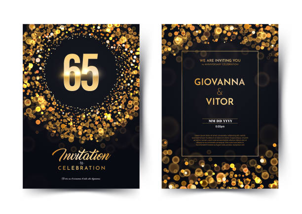 65th years birthday vector black paper luxury invitation double card. Sixty five years wedding anniversary celebration brochure. Template of invitational for print dark background with bokeh lights 65th years birthday vector black paper luxury invitation double card. Sixty five years wedding anniversary celebration brochure. Template of invitational for print dark background with bokeh lights. 65th anniversary stock illustrations