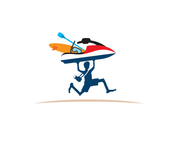 stockillustraties, clipart, cartoons en iconen met man loopt hijsen speedboot surfplank duiken google - google