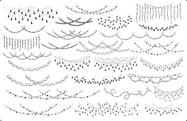 ilustrações, clipart, desenhos animados e ícones de festa de casamento de natal novo festa de casamento pendurado luzes de corda conjunto guirlandas, isolado vetor ilustração gráfico festivo - cordão de luzes